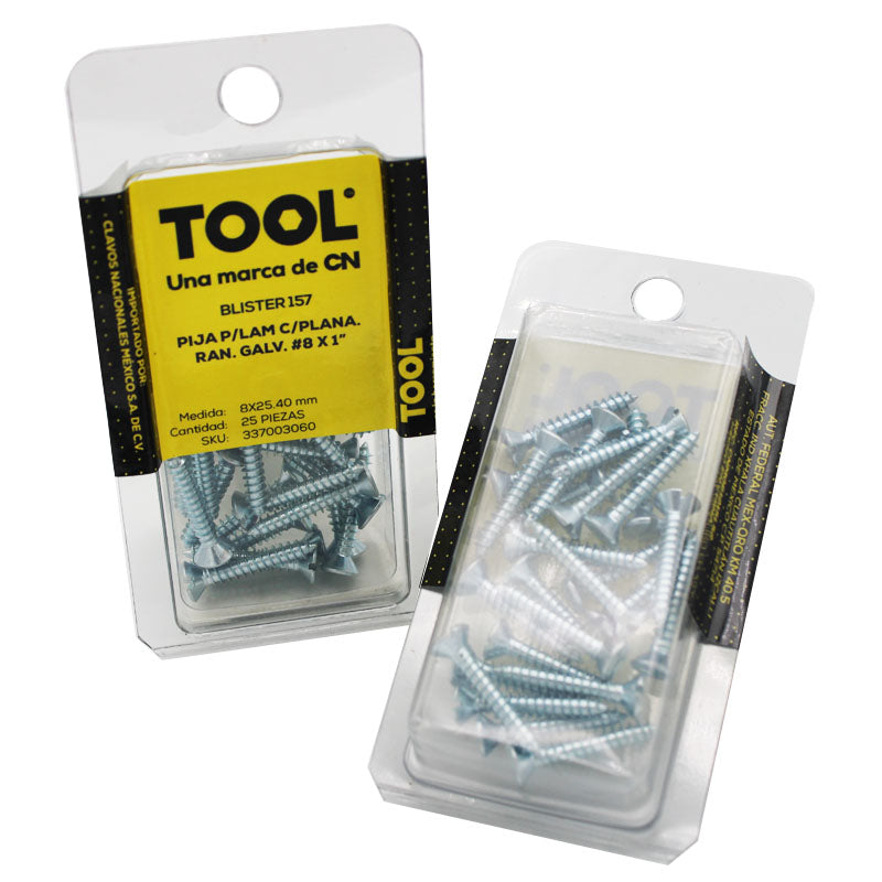 Blíster 157 Pija Para Lámina Cabeza Plana Ranurada Galvanizada #8X1" Con25 Piezas