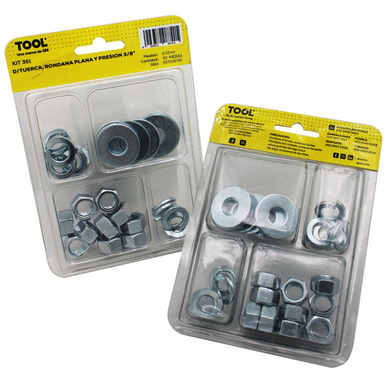 Kit 351 De Tuerca, Rondana Plana Y Presión 3/8" Con 30 Piezas
