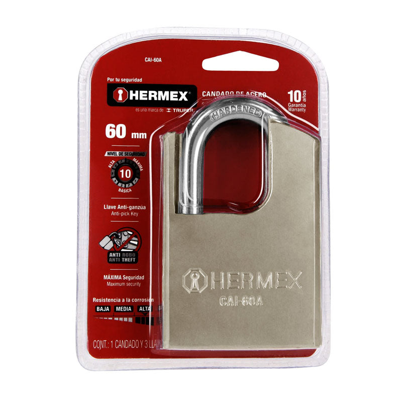 Candado De Acero, Máxima Seguridad, 60Mm, Llave Anti Ganzúa