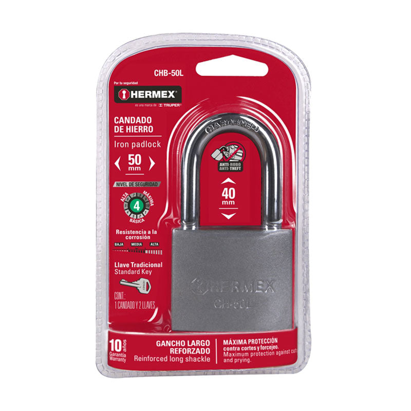 Candado De Hierro 50 Mm Gancho Largo En Blíster, Hermex
