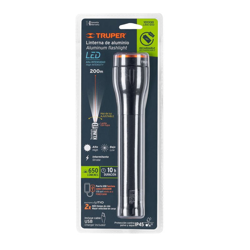 Linterna De Aluminio 1 Led 650 Lm Recargable 101330, Truper - Tool Ferreterías / Ferretodo - Herramientas y material de construcción.
