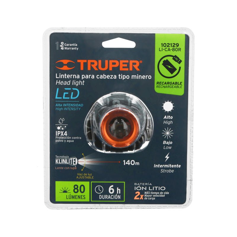 Linterna De Minero, 80 Lúmenes De 1 Led Recargable 102129, Truper - Tool Ferreterías / Ferretodo - Herramientas y material de construcción.