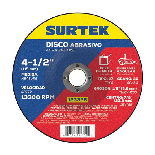 123325 disco tipo 27 p/corte metal 4.1/2" surtek - Tool Ferreterías / Ferretodo - Herramientas y material de construcción.