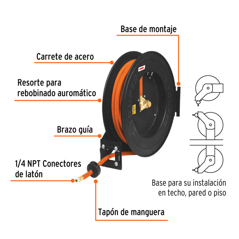 Manguera para compresor de hule de 15 m x 3/8", carrete retráctil, 10388 Truper CAMAI 15