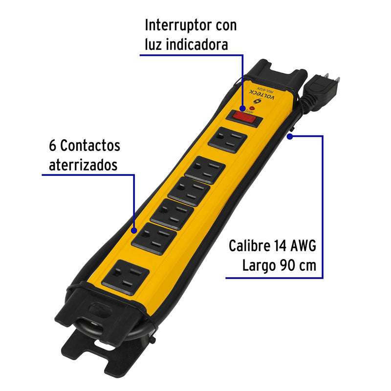 Multicontacto 14 AWG industrial supresor de picos 6 entradas, 48186 Volteck MUL 612X