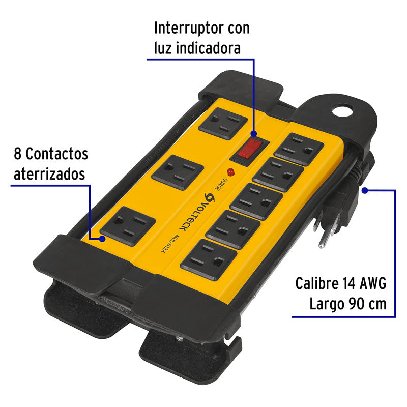 Multicontacto 14 AWG industrial supresor de picos 8 entradas, 48188 Volteck MUL 812X