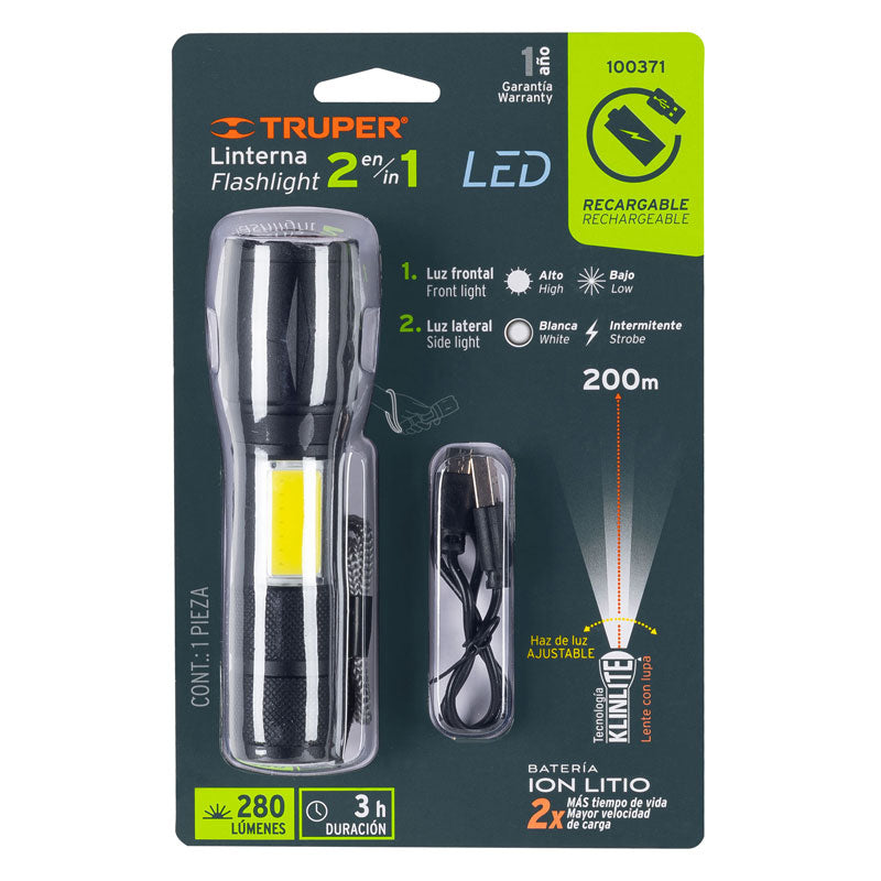 Linterna de 1 LED 270 lm con luz de emergencia, recargable, 100371 Truper LINAR 260