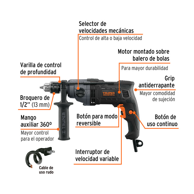 Taladro/destornillador de 1/2", 800 W, 2 velocidades, 103068 / TAL-1/2N2 Truper