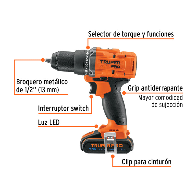 Taladro/destornillador de 1/2", 20V, 1 batería 2Ah, 103249 / TALI-20A2 Truper Pro