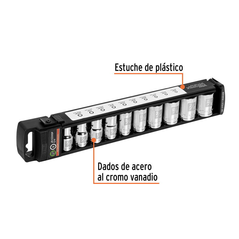 Juego de 10 dados cuadro de 1/2" std, 14176 Truper JD 1/2X10P