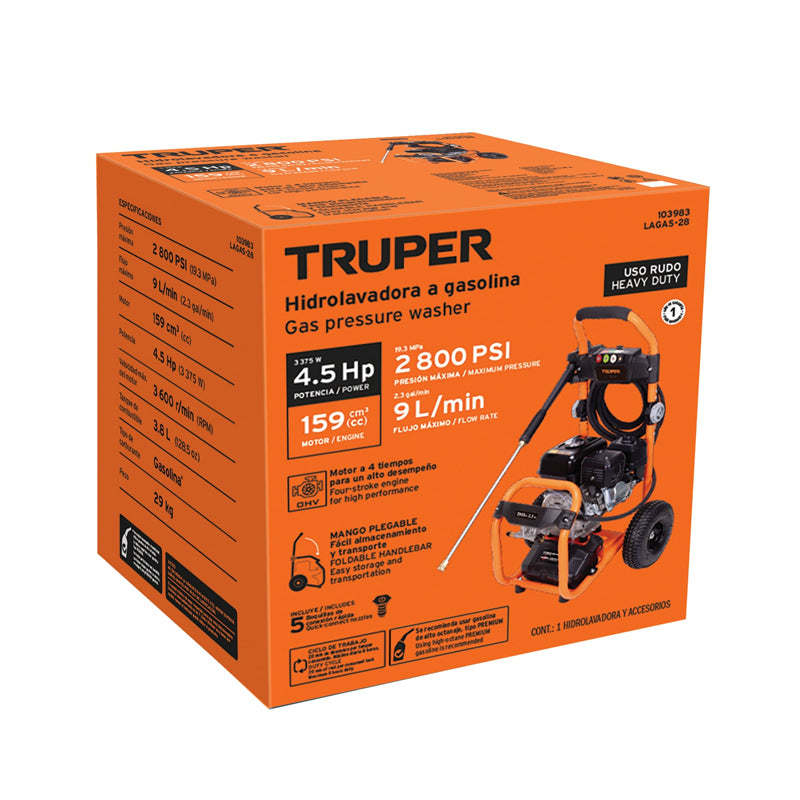Hidrolavadora con motor a gasolina de 2,800 PSI, 103983 Truper LAGAS-28