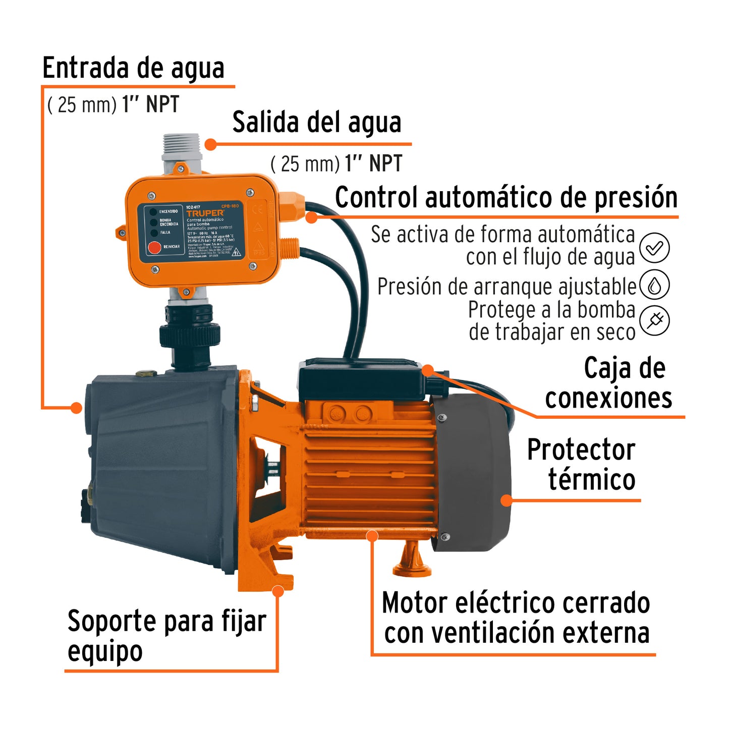 Bomba presurizadora 1HP Control AUTO.PRE-1 Truper 102855