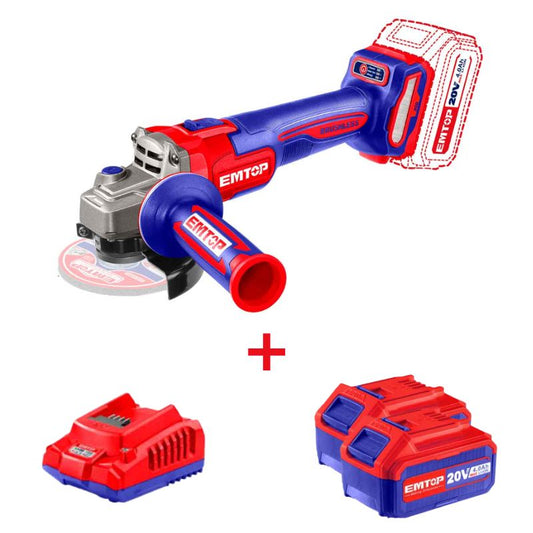 Esmeril angular inalámbrico de 4 1/2", 20 V, 2 baterías y cargador, ULAG271532 Emtop