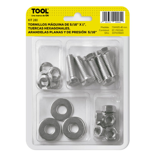 Kit 280 De Tornillo Máquina,Tuerca Hexagonal, Arandela Plana Presión Galvanizado