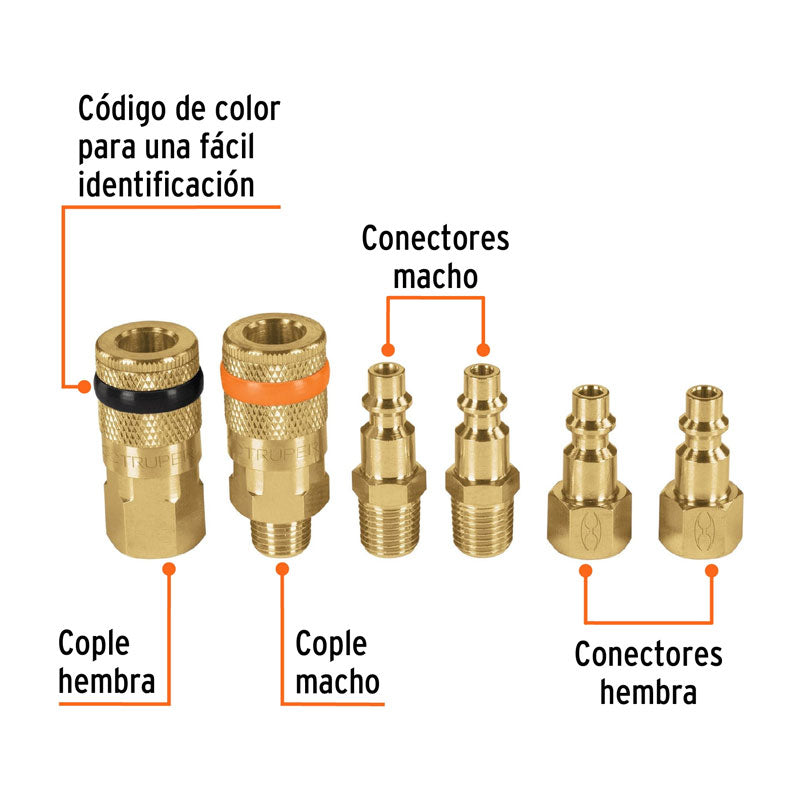 Juego de 6 piezas, coples y conectores rápidos de latón, 18075 Truper CORAL6