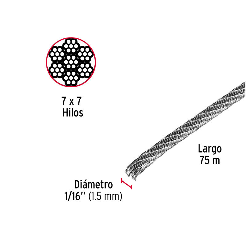 Cable de acero rígido recubierto de PVC de 1/16" x 75 m, 7 x 7 hilos, 44208 Fiero CAB1/16R