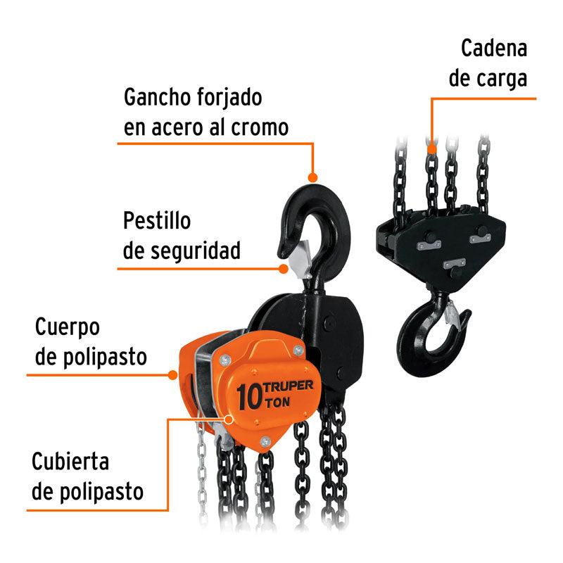 Polipasto industrial de cadena, 10 toneladas, 16829 Truper POL 10