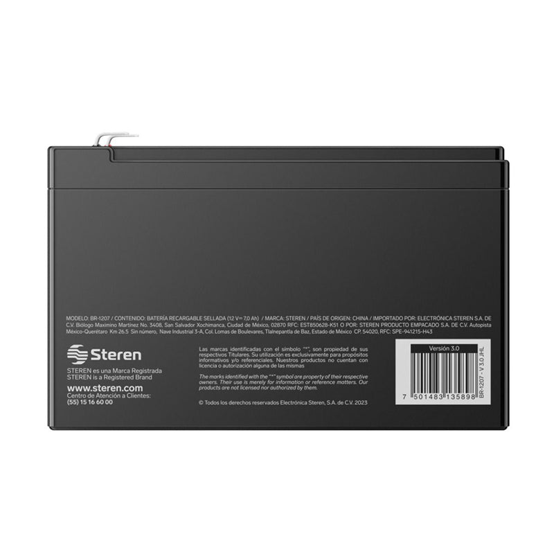 Batería sellada de ácido - plomo de 12 Vcc 7 Ah, BR - 1207 Steren - Tool Ferreterías / Ferretodo - Herramientas y material de construcción.