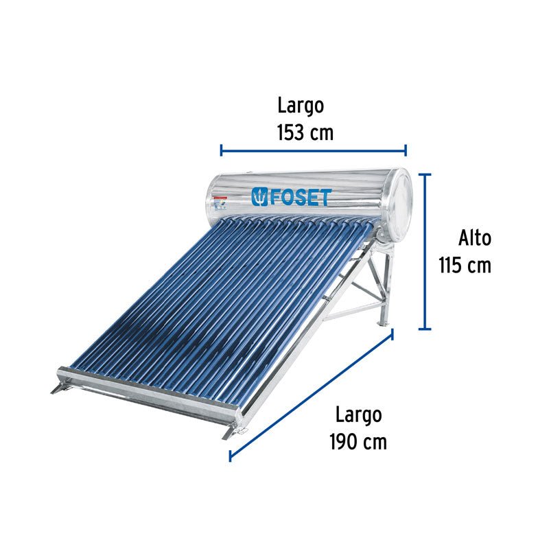 Calentador solar de agua de 15 tubos de 195 Lts, para 5 personas, 45272 Foset CALE15S - Tool Ferreterías / Ferretodo - Herramientas y material de construcción.