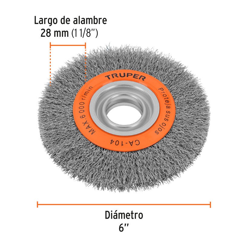 Carda alambre ondulado de 6" x 3/4" para esmeril, 11520 Truper CA104 - Tool Ferreterías / Ferretodo - Herramientas y material de construcción.