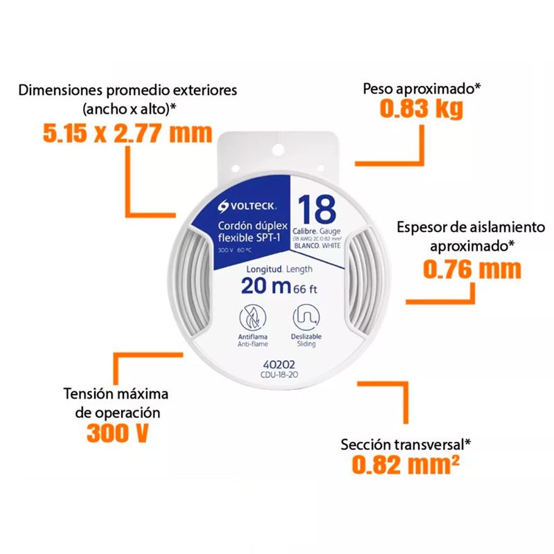 Carrete Con 20 M Cordón Dúplex Flexible Spt 18 Awg, Volteck - Tool Ferreterías / Ferretodo - Herramientas y material de construcción.