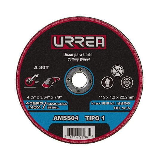 Disco abrasivo tipo 1 para acero inoxidable de 4 1/2" x 3/64", AMSS04 Urrea - Tool Ferreterías / Ferretodo - Herramientas y material de construcción.