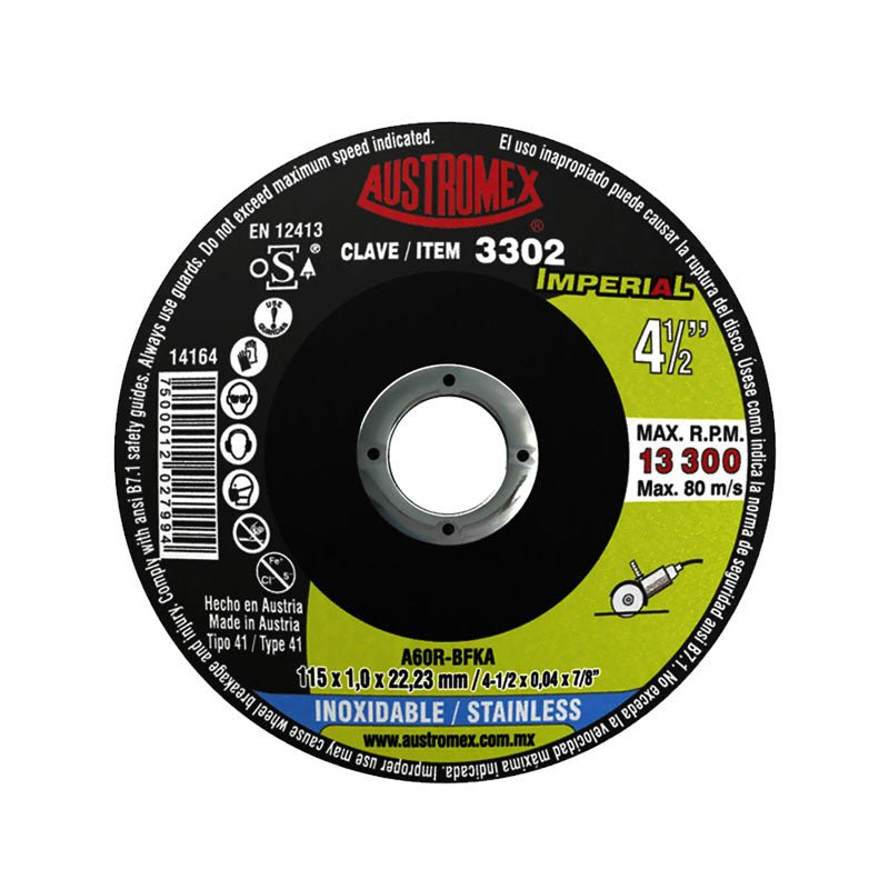 Disco corte P/Acero inoxidable de 4.1/2" 3302 Austromex - Tool Ferreterías / Ferretodo - Herramientas y material de construcción.