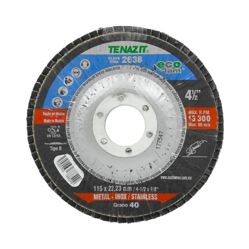 Disco laminado para desbaste de 4 1/2" x 7/8", grano 40, 2638 Tenazit - Tool Ferreterías / Ferretodo - Herramientas y material de construcción.