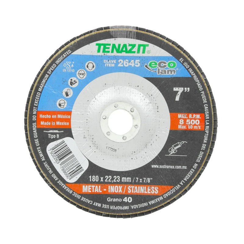 Disco laminado para desbaste de 7" x 7/8", grano 40, 2645 Tenazit - Tool Ferreterías / Ferretodo - Herramientas y material de construcción.