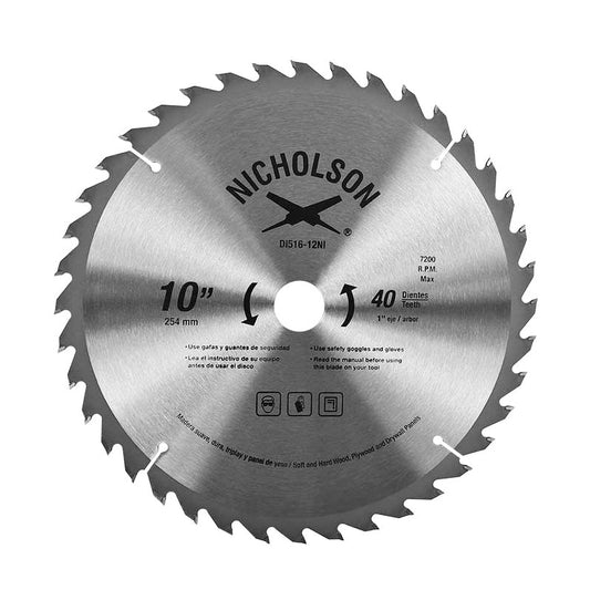 Disco Sierra Para Madera De 10" X 5/8" Con 40 Dientes, Hnc51612 Nicholson - Tool Ferreterías / Ferretodo - Herramientas y material de construcción.