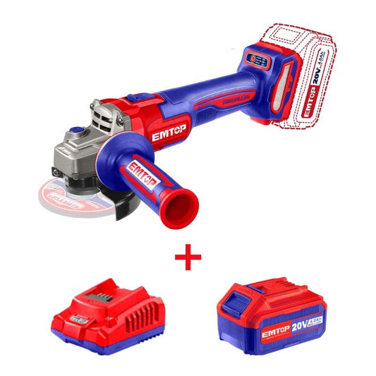 Esmeril angular inalámbrica de 20 V, batería 4.0 Ah y cargador, ULAG261521 Emtop - Tool Ferreterías / Ferretodo - Herramientas y material de construcción.