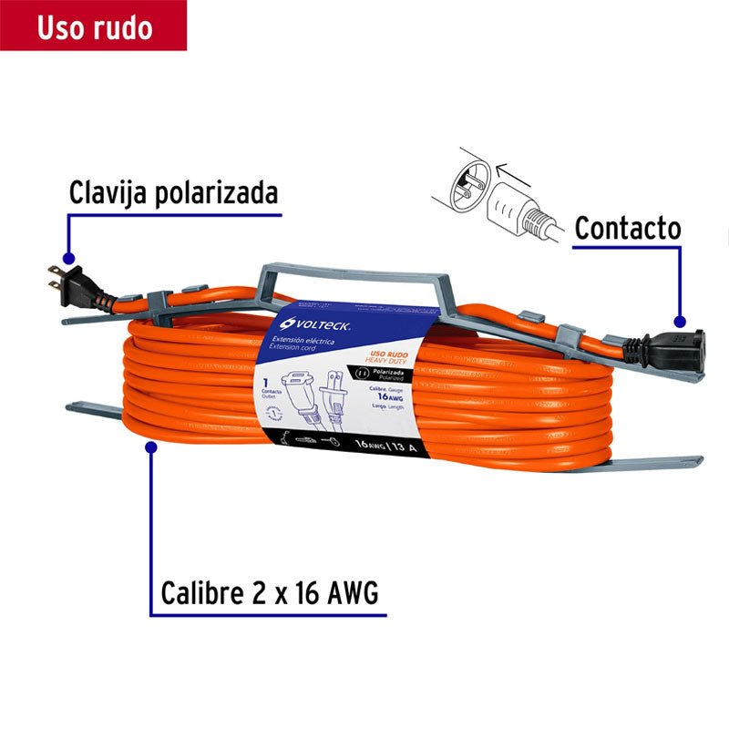 Extensión Eléctrica Uso Rudo 10 M 2X16 Awg Para 1 Clavija, Volteck - Tool Ferreterías / Ferretodo - Herramientas y material de construcción.