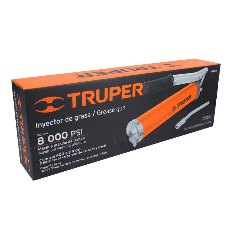 Inyectora de grasa de 14 oz, 8000 PSI, con grip antiderrapante, 14860 Truper GRAS 14 - Tool Ferreterías / Ferretodo - Herramientas y material de construcción.