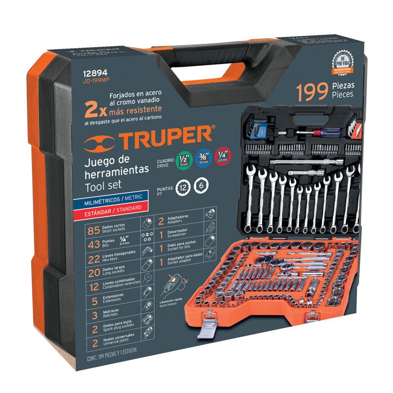 Juego de 199 herramientas de 1/4", 3/8" y 1/2" std y mm para mecánico, 12894 Truper JD 199MP - Tool Ferreterías / Ferretodo - Herramientas y material de construcción.