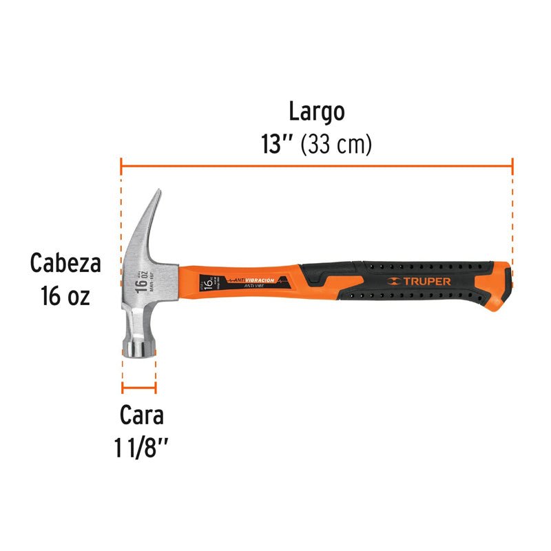 Martillo de 16 oz con uña recta con mango fibra de vidrio, 19997 Truper MAR 16F - Tool Ferreterías / Ferretodo - Herramientas y material de construcción.