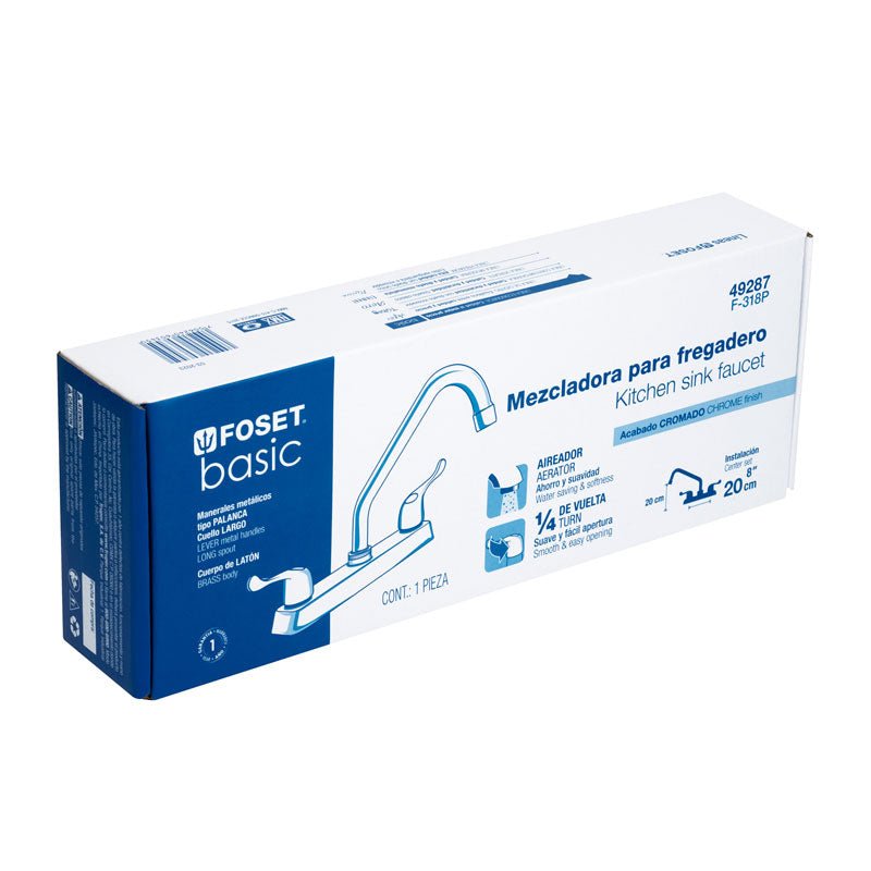 Mezcladora de 8" para fregadero con cuello largo, manerales de palanca, 49287 Foset F 318P - Tool Ferreterías / Ferretodo - Herramientas y material de construcción.