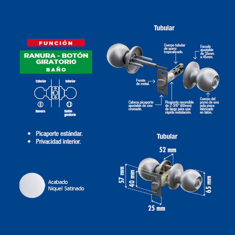 Perilla Yale Nobel Baño Niquel Satinado Mx85826 - Tool Ferreterías / Ferretodo - Herramientas y material de construcción.