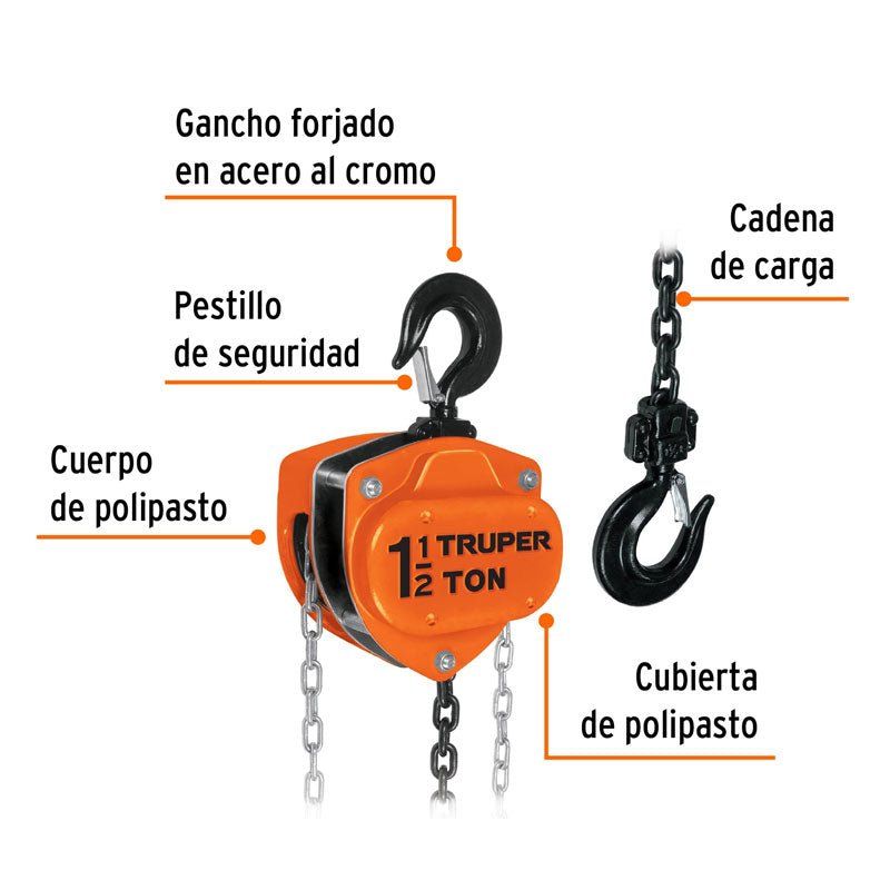 Polipasto de cadena de 1 1/2 toneladas, 16825 Truper POL11/2 - Tool Ferreterías / Ferretodo - Herramientas y material de construcción.