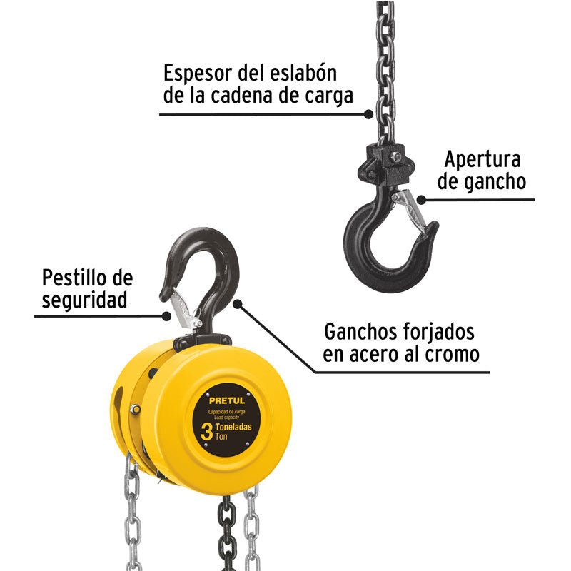 Polipasto de cadena de 3 toneladas, 27129 Pretul POL 3P - Tool Ferreterías / Ferretodo - Herramientas y material de construcción.