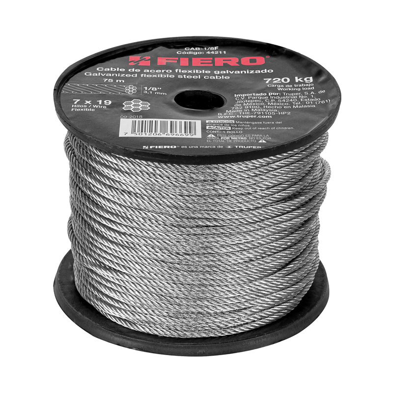Rollo cable flexible 1/8" de acero 75 metros, 44211, Fiero - Tool Ferreterías / Ferretodo - Herramientas y material de construcción.