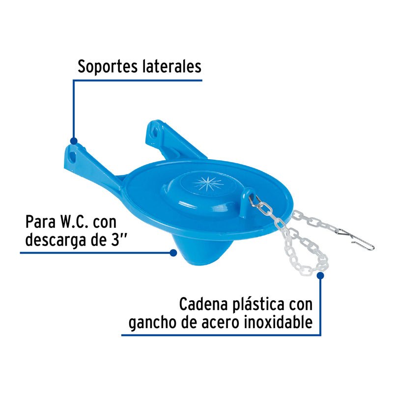 Sapo de 3" para WC, PVC, azul, cadena plástica, 40172 Foset SA - 010 - Tool Ferreterías / Ferretodo - Herramientas y material de construcción.