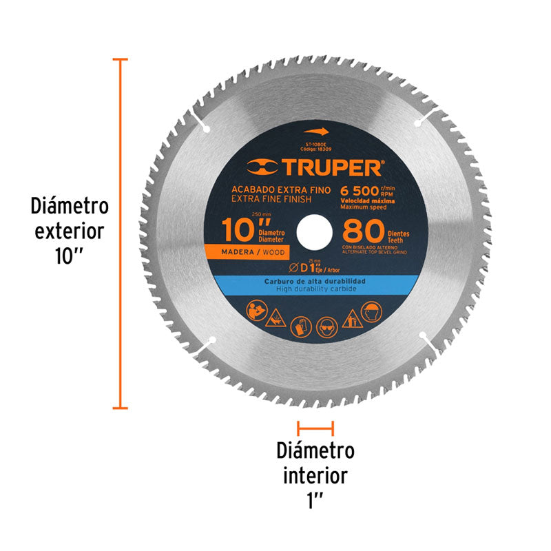 Disco Sierra 10" Para Madera, 80 Dientes Centro 1", Truper