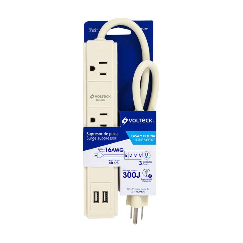 Multicontacto 16 Awg 3 Entradas 2 Puertos Usb Supresor 300 J, Volteck