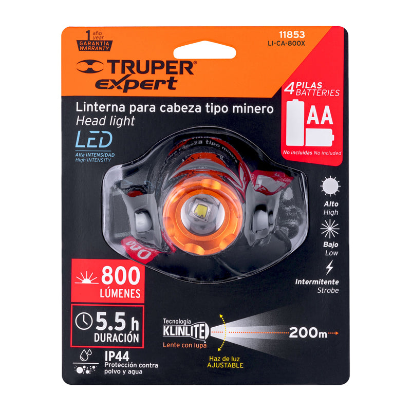 Linterna De Minero 1 Led 800 Lm De 4 Pilas Aa 11853, Truper Expert