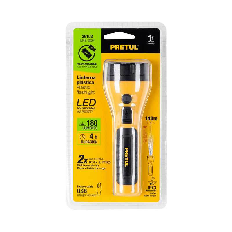 Linterna Plástica Recargable De Led 180 Lúmenes 26102, Pretul