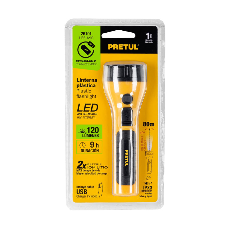 Linterna Plástica Recargable De Led 120 Lúmenes 26101, Pretul