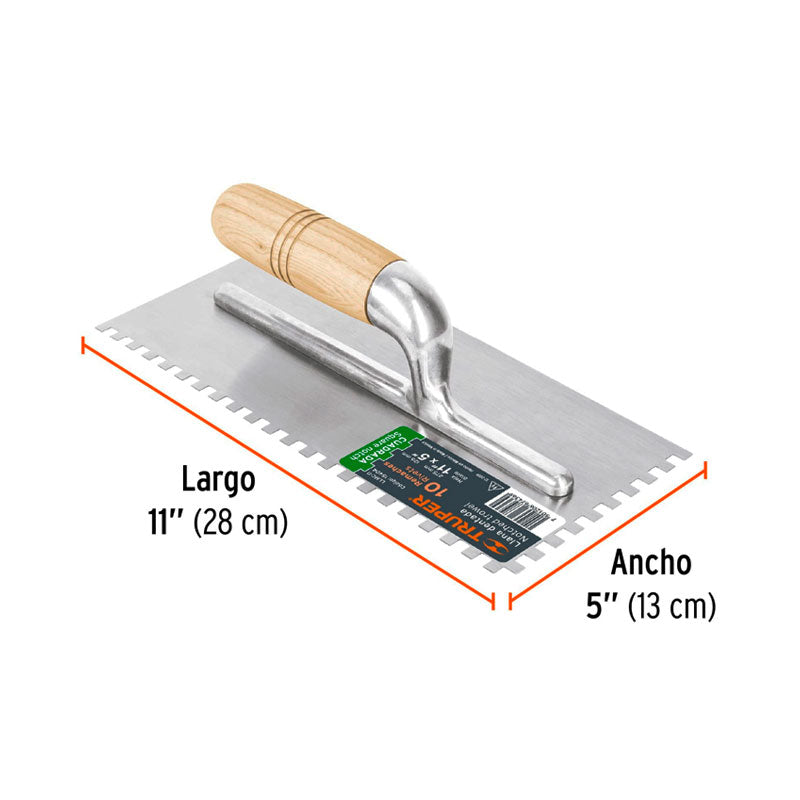Llana 11" Dentado Cuadrado 1/4", 10 Remaches, Mango Madera, Truper