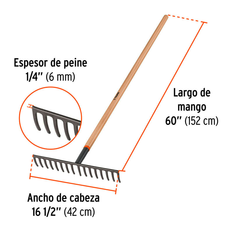 Rastrillo Recto De 16 Dientes, Mango De 60", Truper