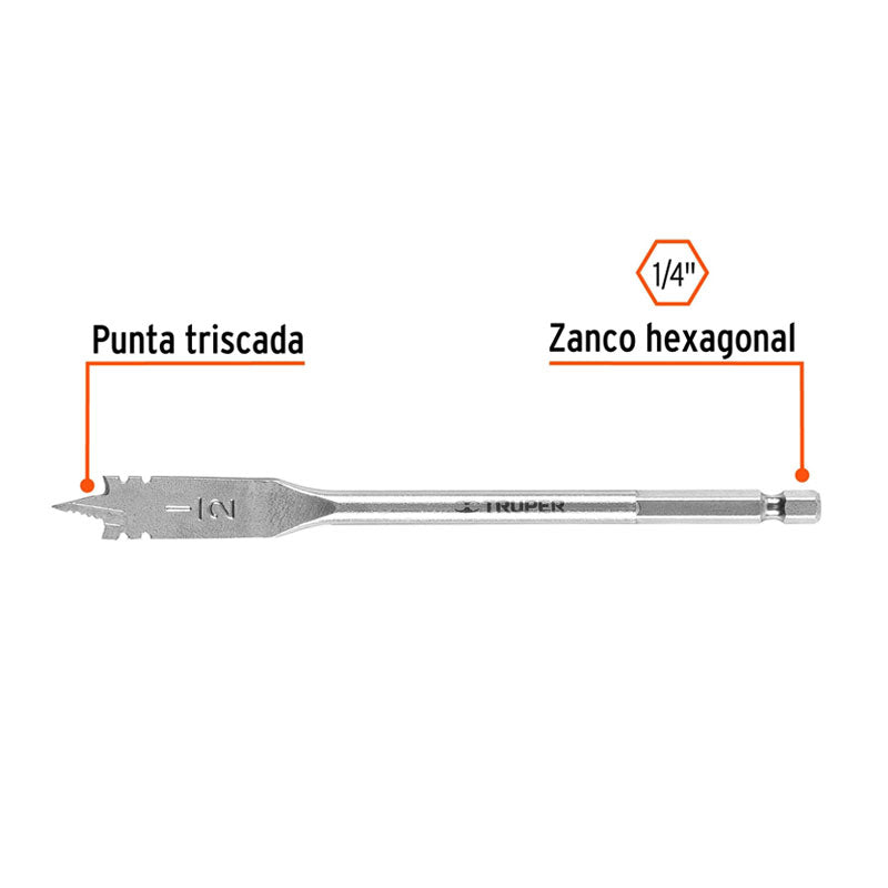 Broca Plana De Manita 1/2" Para Madera, Truper