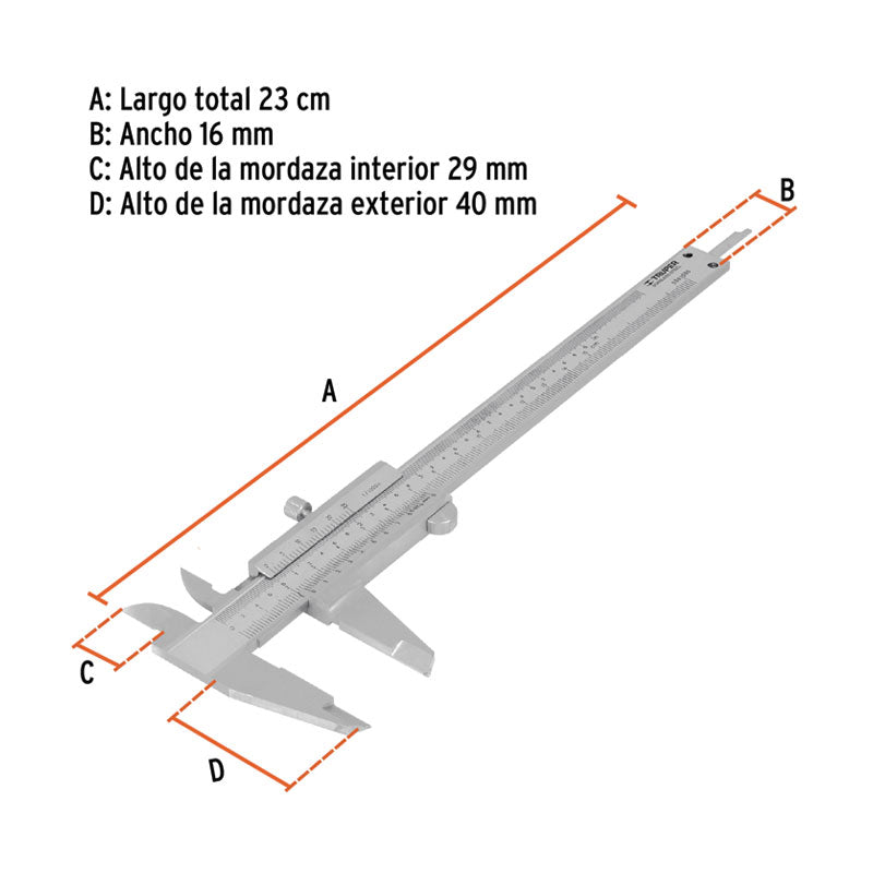 Calibrador Vernier Analógico 6" Acero Inox, Std Y Mm, Truper